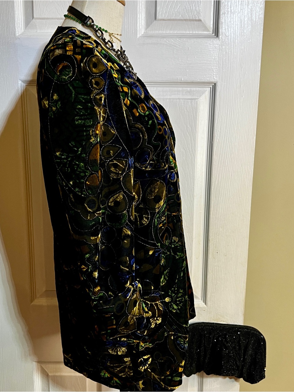 Another Thyme Vtg 90s Geo Abstract Velvet Metallic Artsy Glam Open Blazer S/M - Picture 5 of 14